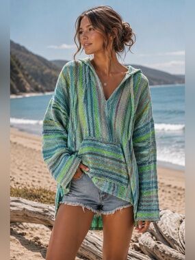 Blue and Green Striped Sweatshirt Relaxed Fit